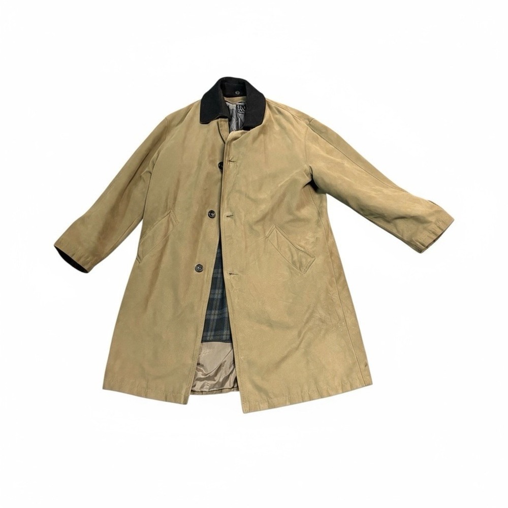Jos A. Bank Mens Tan Suede Trench Coat Collar Plaid Lined Full Length xl